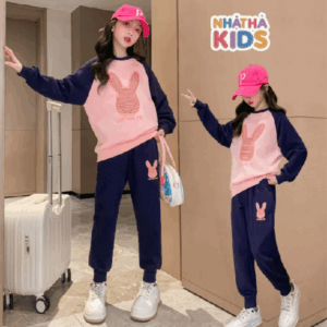 Bộ quần áo thu đông bé gái B15 NHẬT HÀ size đại 14-45kg in hình đáng yêu, chất liệu nỉ bông dày dặn, thoải mái.