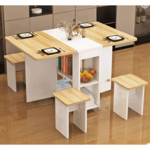 Bộ bàn ăn thông minh gấp gọn có bánh xe di chuyển dễ dàng.