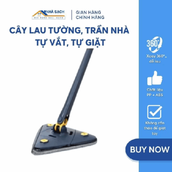 Cây lau trần nhà tự giặt tự vắt chổi lau tường đa năng xoay 360 độ hình tam giác, cán dài không gỉ