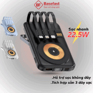 Sạc dự phòng không dây Basefast tích hợp 3 dây sạc nhanh 22.5W siêu bền cho iP samsung Xiaomi